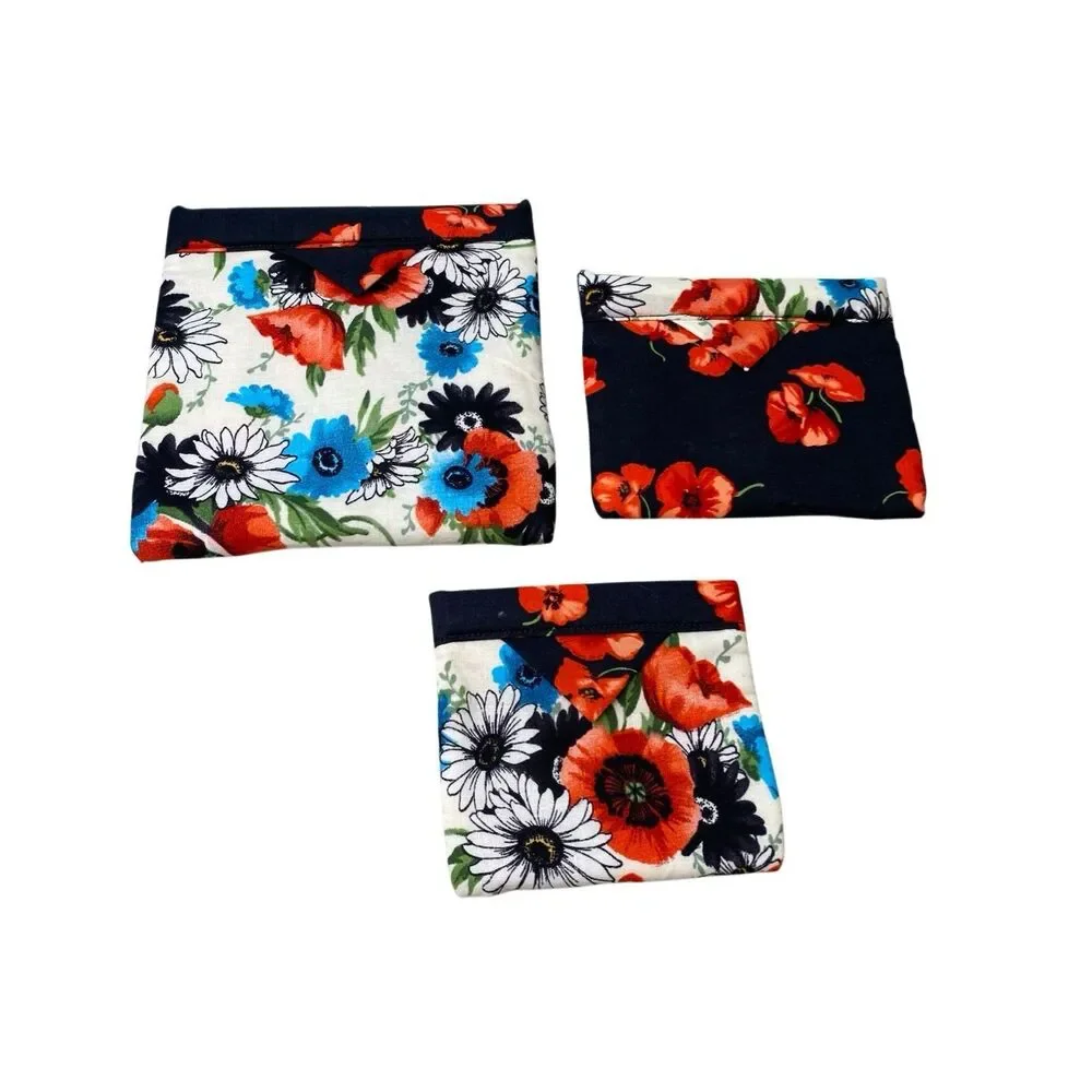 Lot of 3 Floral Reversible Fabric Snap Pouch Set Gift Card Coin Holder Organizer